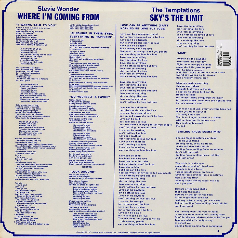 The Temptations / Stevie Wonder - Sky's The Limit / Where I'm Coming From