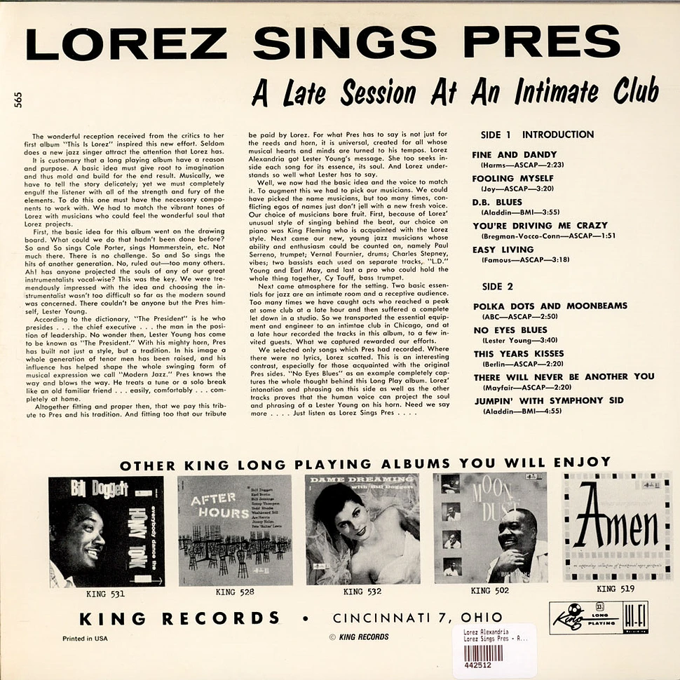 Lorez Alexandria - Lorez Sings Pres - A Late Session At An Intimate Club (A Tribute To Lester Young)