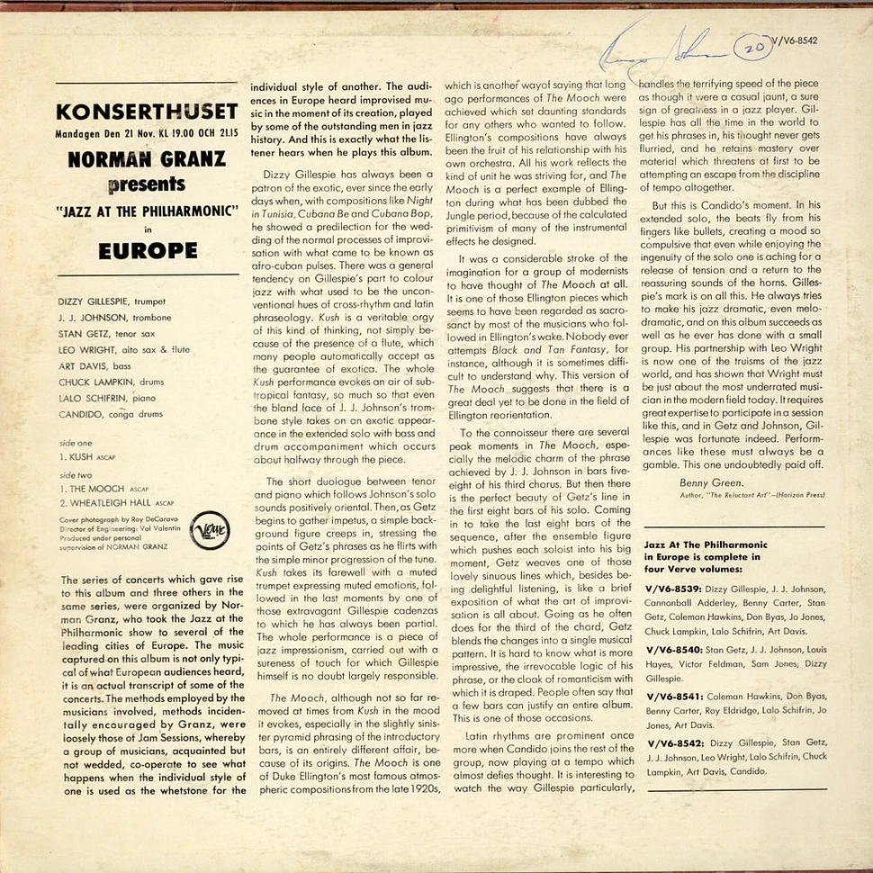 Dizzy Gillespie / J.J. Johnson / Stan Getz / Leo Wright / Art Davis / Chuck Lampkin / Lalo Schifrin / Candido - Jazz At The Philharmonic In Europe