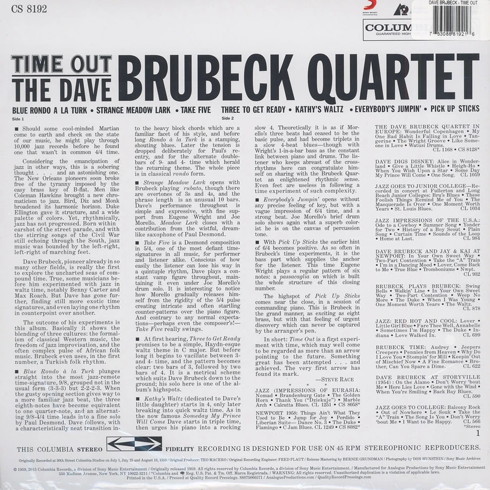 The Dave Brubeck Quartet - Time Out 200g Vinyl Edition