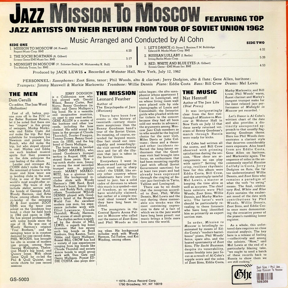 Zoot Sims, Phil Woods, Bill Crow, Willie Dennis, Mel Lewis - Jazz Mission To Moscow (Featuring Top Jazz Artists On Their Return From Tour Of Soviet Union 1962)