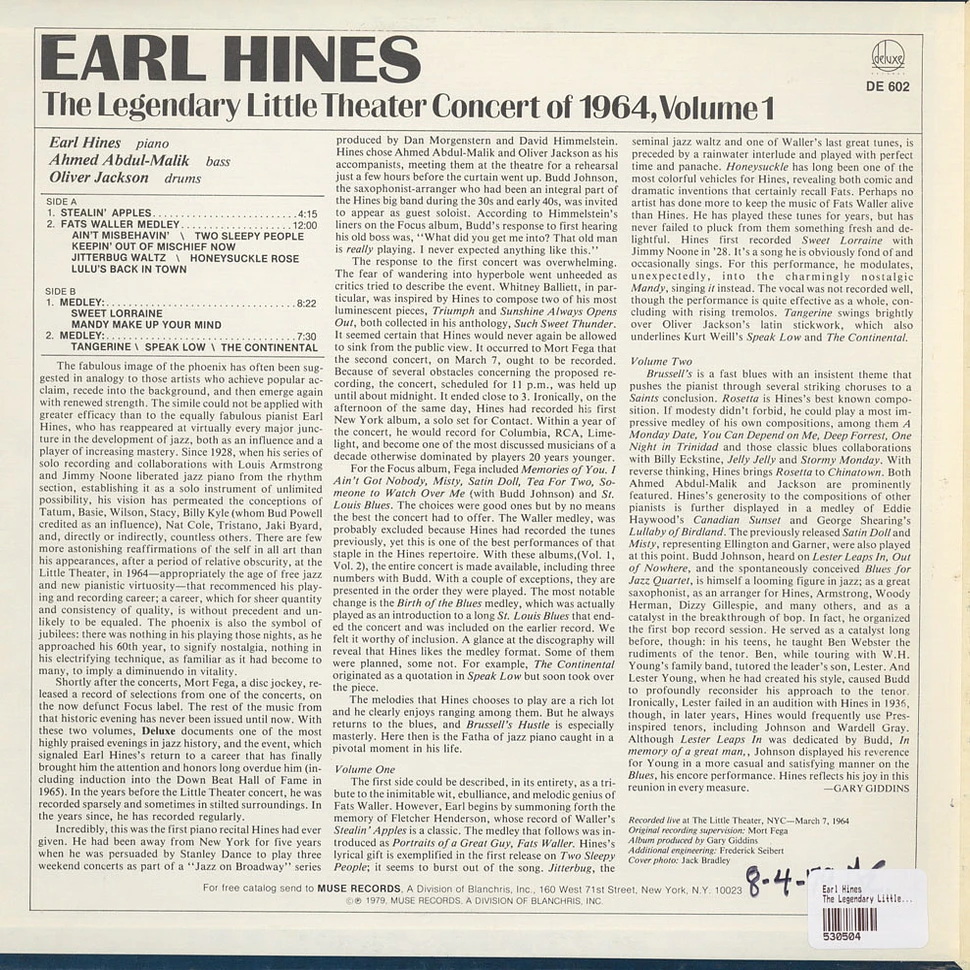 Earl Hines - The Legendary Little Theater Concert Of 1964, Volume 1