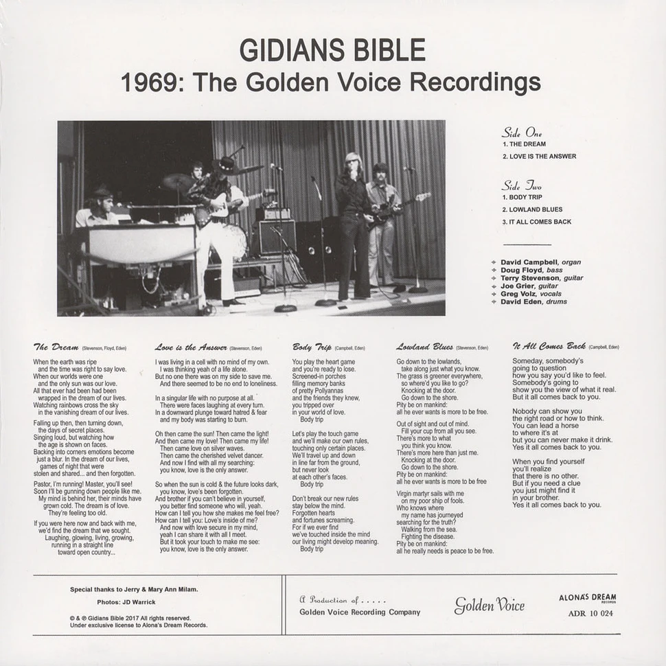 Gidians Bible - 1969: The Golden Voice Recordings Black Vinyl Edition