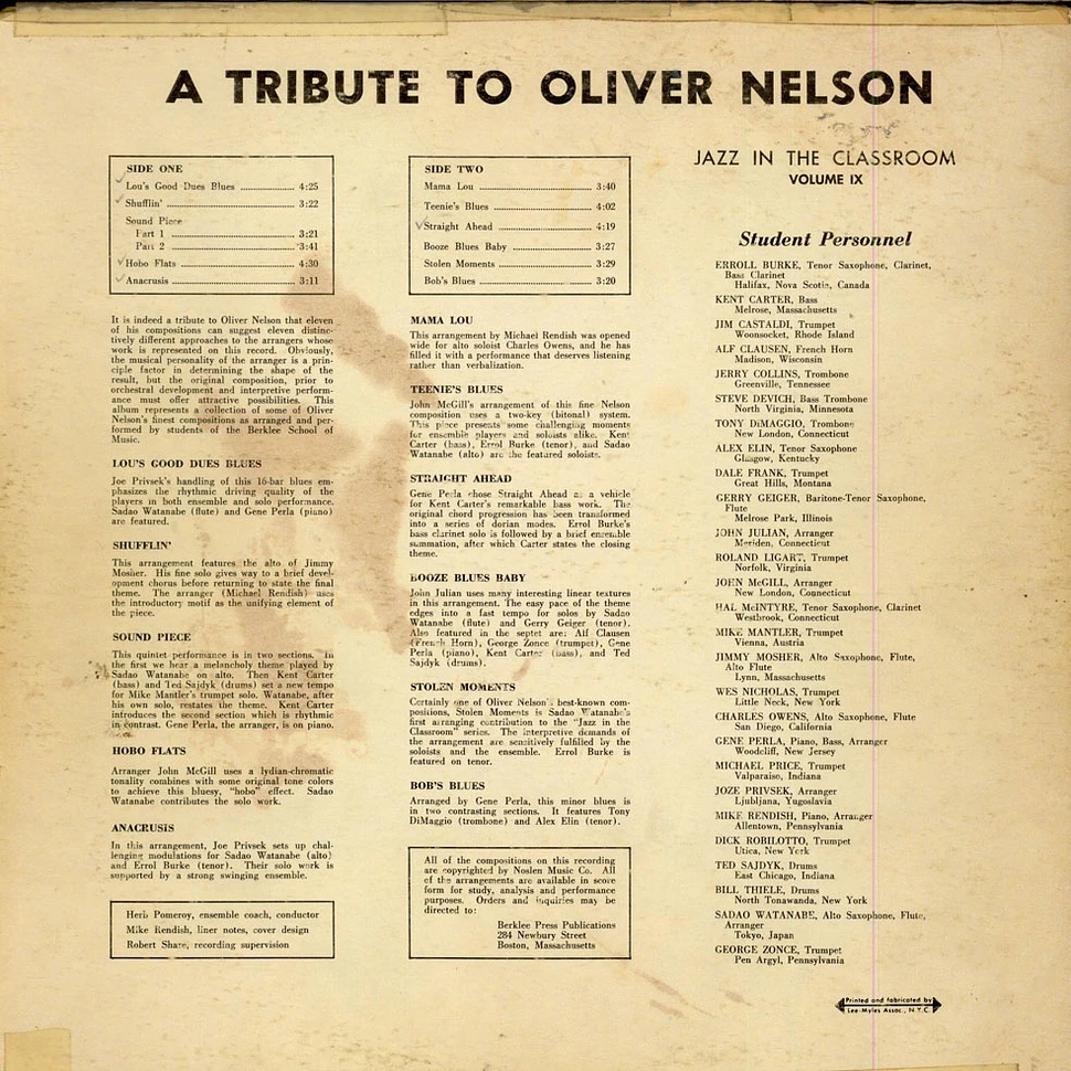 Jazz In The Classroom - A Tribute To Oliver Nelson