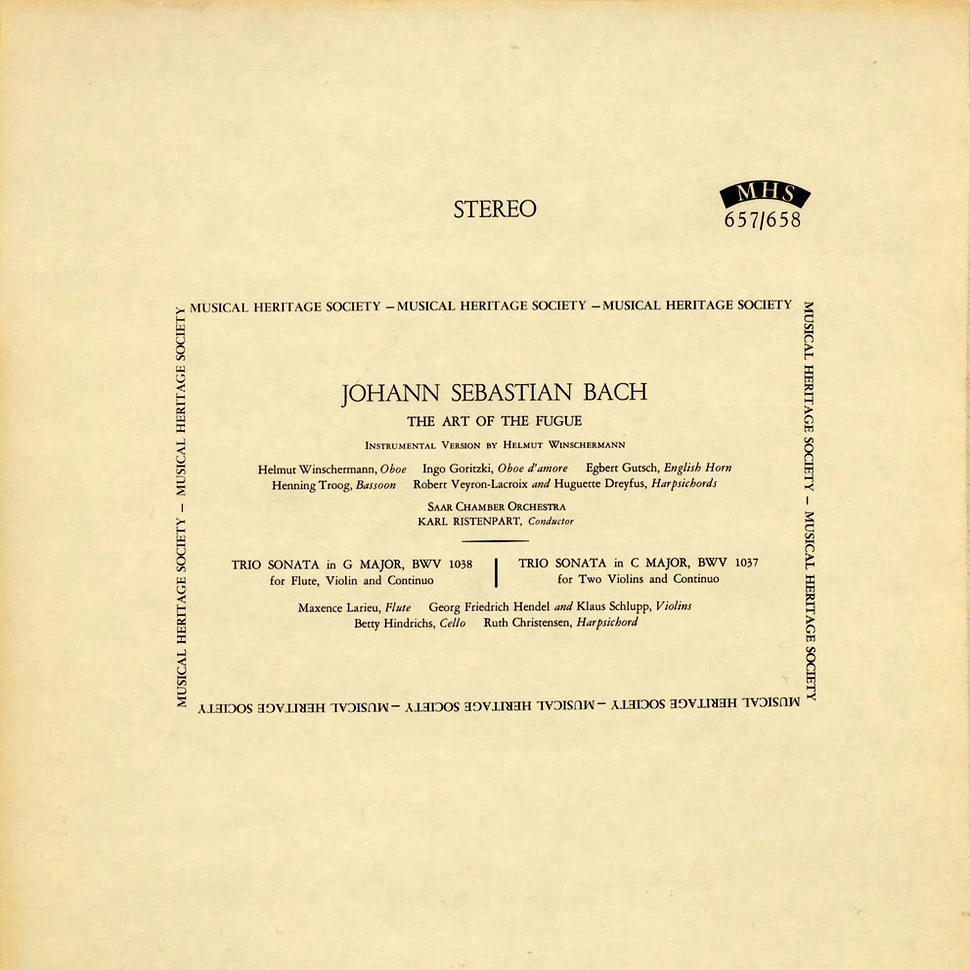 Johann Sebastian Bach, Helmut Winschermann, Kammerorchester Des Saarländischen Rundfunks, Saarbrücken - The Art Of The Fugue
