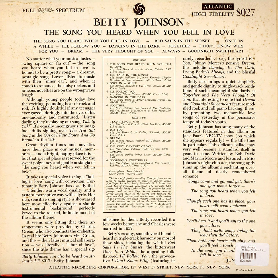 Betty Johnson - The Song You Heard When You Fell In Love . . .