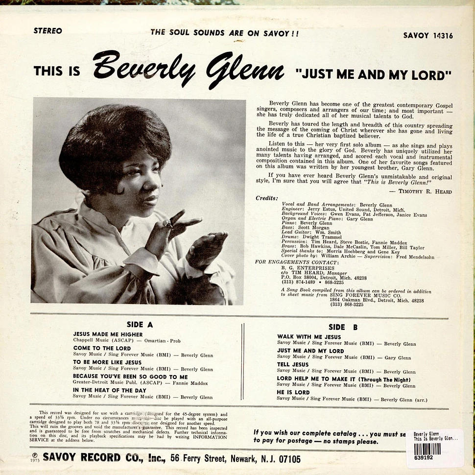 Beverly Glenn - This Is Beverly Glenn: "Just Me And My Lord"