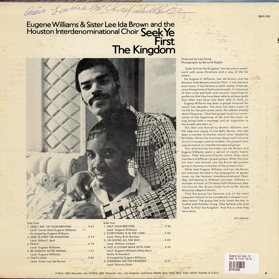 Eugene Williams & Lee Ida Brown And Houston Interdenominational Choir - Seek Ye First The Kingdom