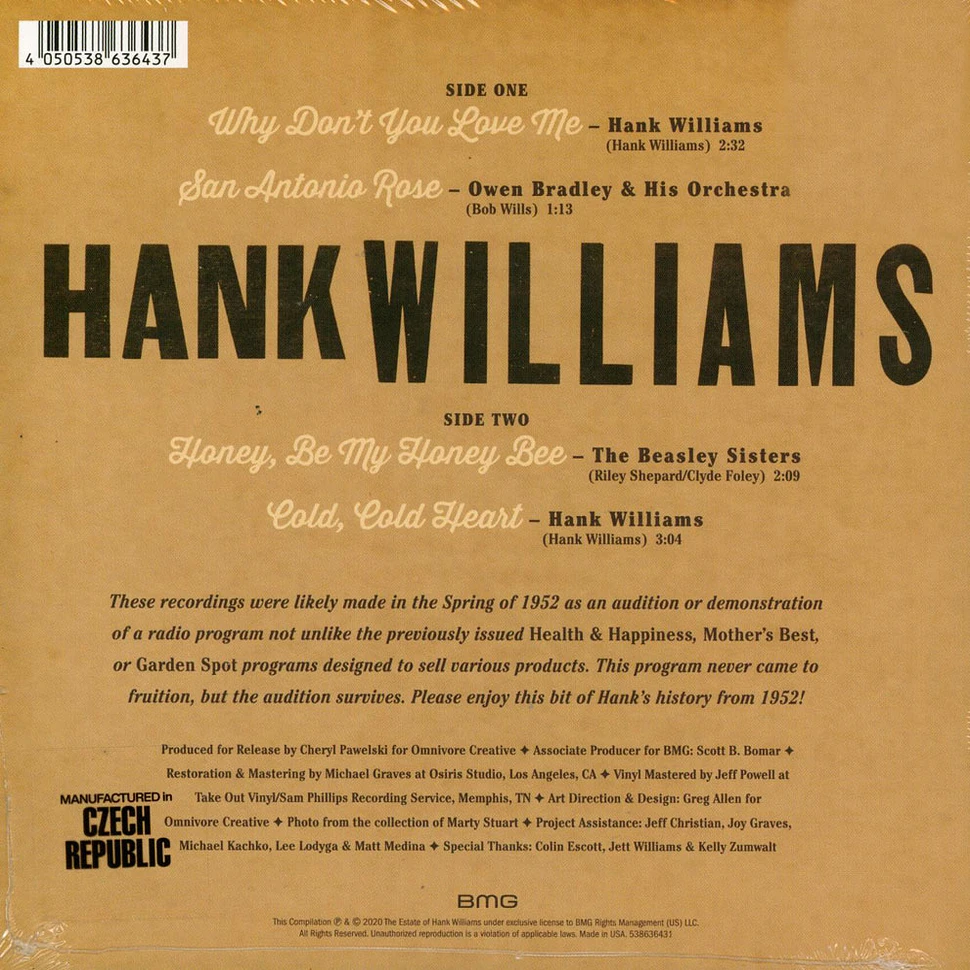 Hank Williams - 1952 Radio Audition Black Friday Record Store Day 2020 Edition