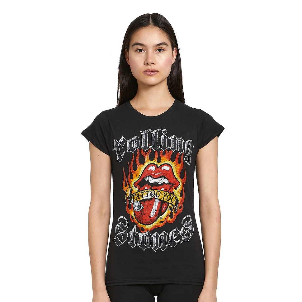 Rolling Stones, The - Flaming Tattoo Tongue Women T-Shirt (Black) | HHV