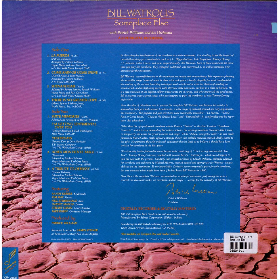 Bill Watrous With Patrick Williams And His Orchestra - Someplace Else