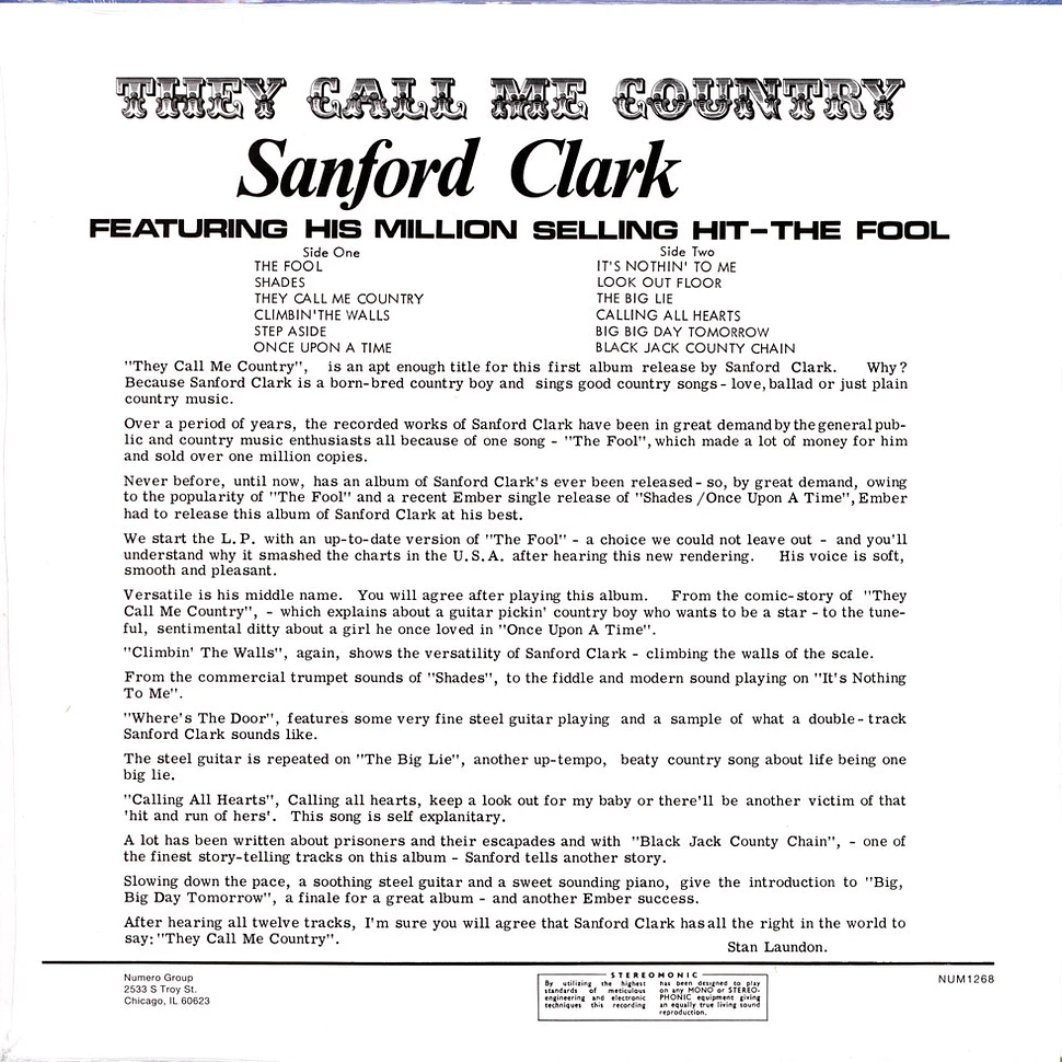 Sanford Clark - They Call Me Contry Blue Vinyl Edition