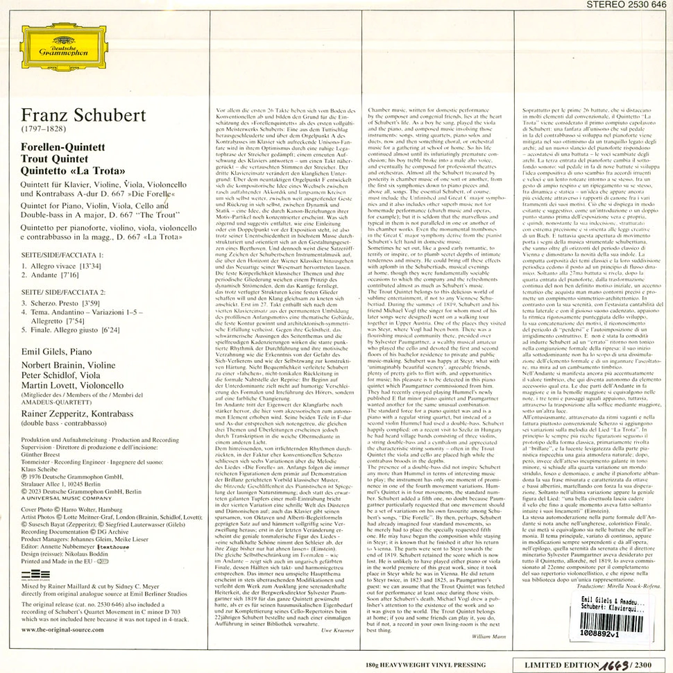 Emil Gilels, Amadeus Quartet & Rainer Zepperitz - Schubert: Klavierquintett A-Dur Original Source