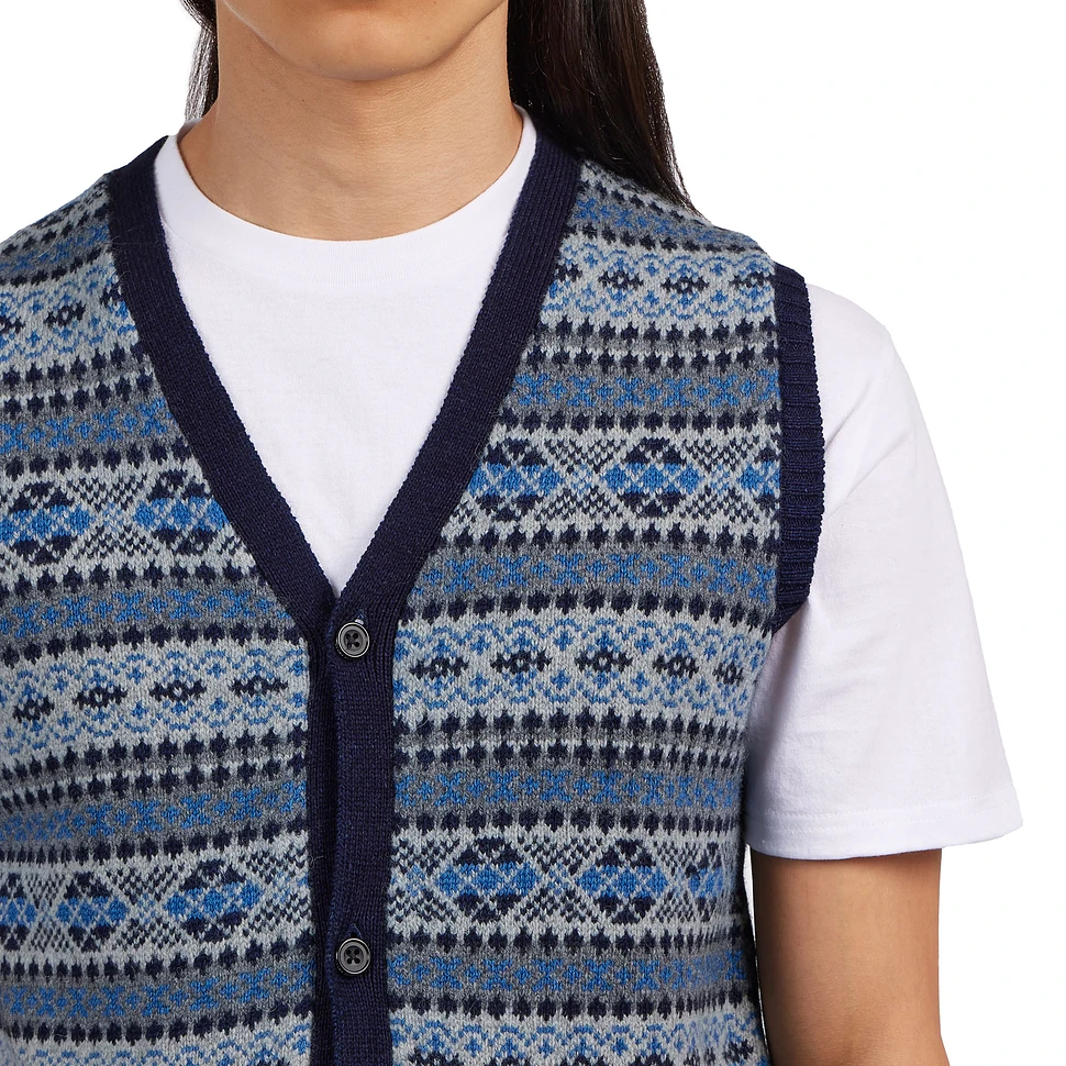 Beams Plus - Button Knit Vest Indigo Fair Isle