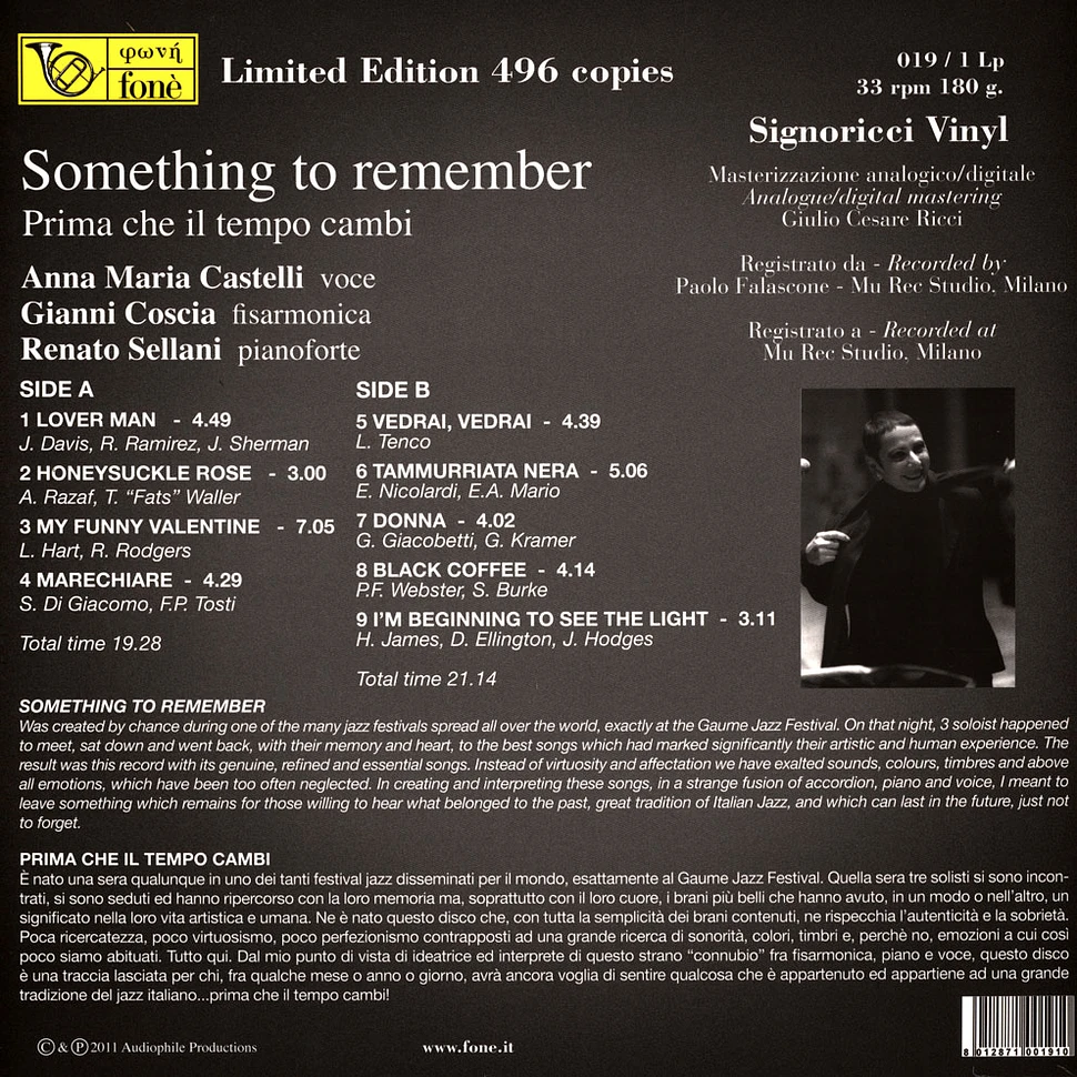 Anna Maria Castelli / Gianni Coscia / R. Sellani - Something To Remember Natural Sound Recording