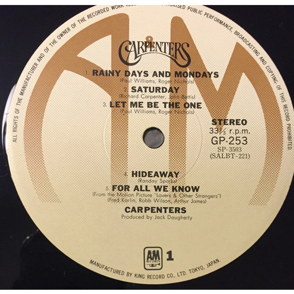 Carpenters – Rainy Days & Mondays / For All We Know (1971, Vinyl