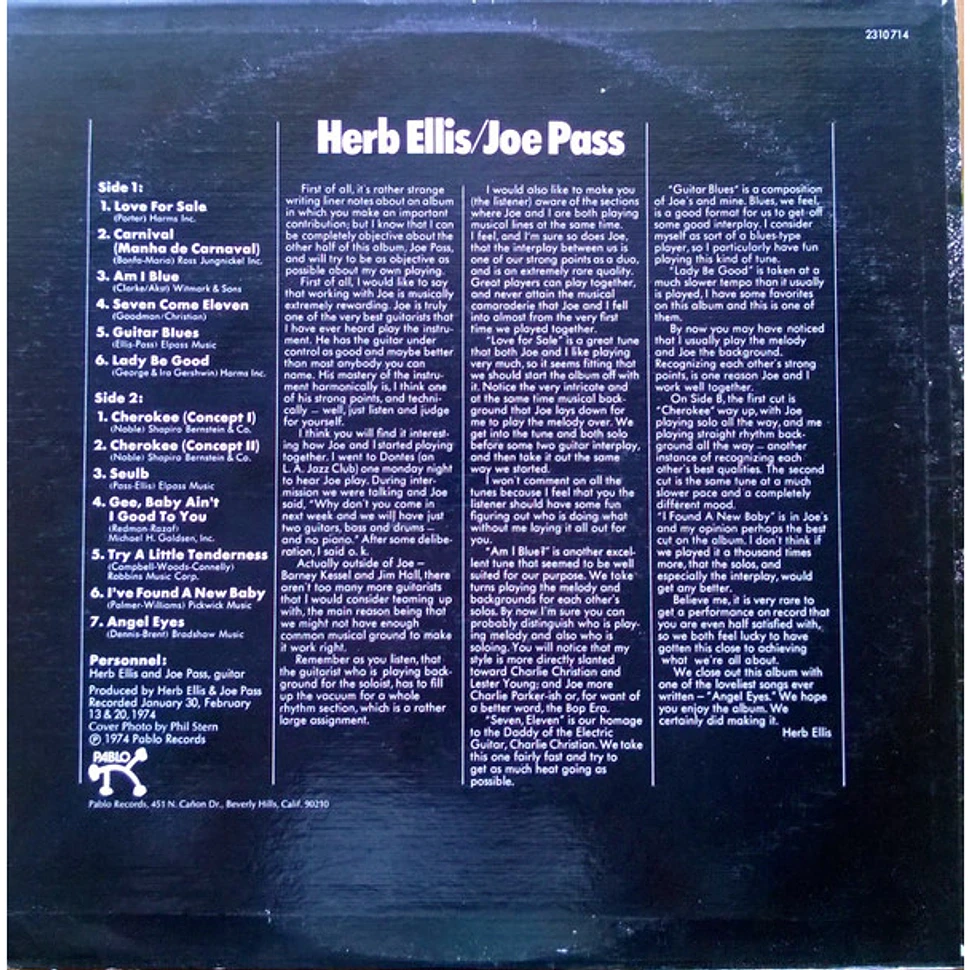 Herb Ellis / Joe Pass Two For The Road Vinyl LP 1974 US