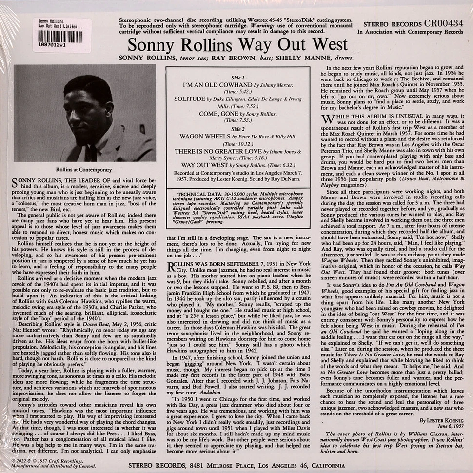 Sonny Rollins - Way Out West Limited Contemporary Records