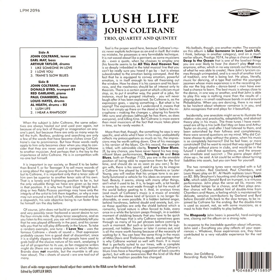 John Coltrane - Lush Life Black Vinyl Edition