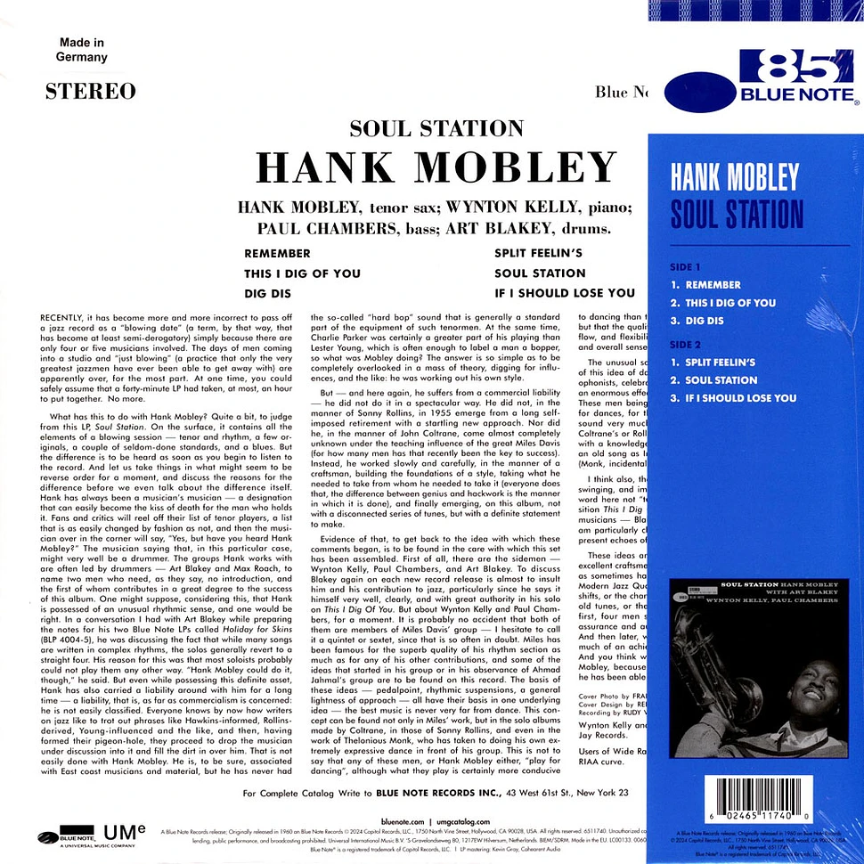 Hank Mobley - Soul Station Blue Note 85 Blue Vinyl Edition