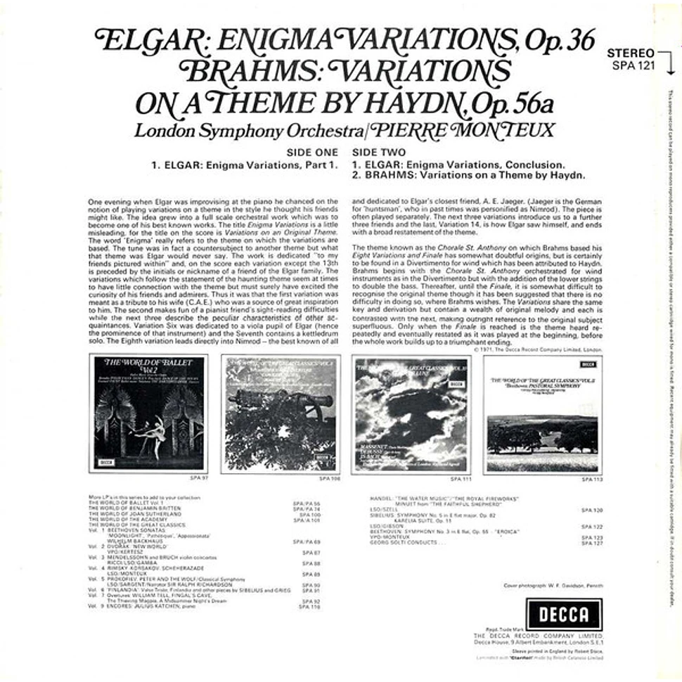 Sir Edward Elgar / Johannes Brahms ; London Symphony Orchestra, Pierre Monteux - Enigma Variations / Variations On A Theme By Haydn