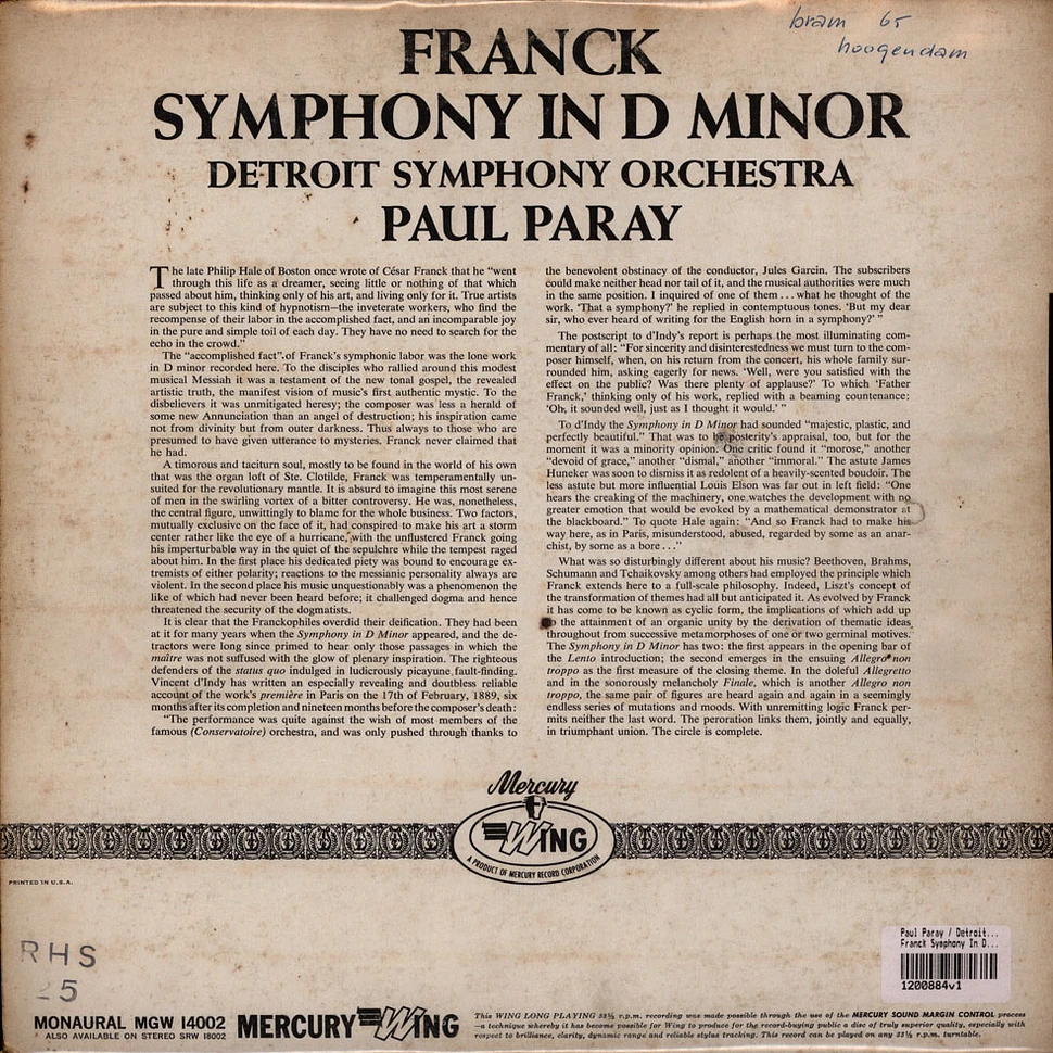 Paul Paray / Detroit Symphony Orchestra / César Franck - Franck Symphony In D Minor