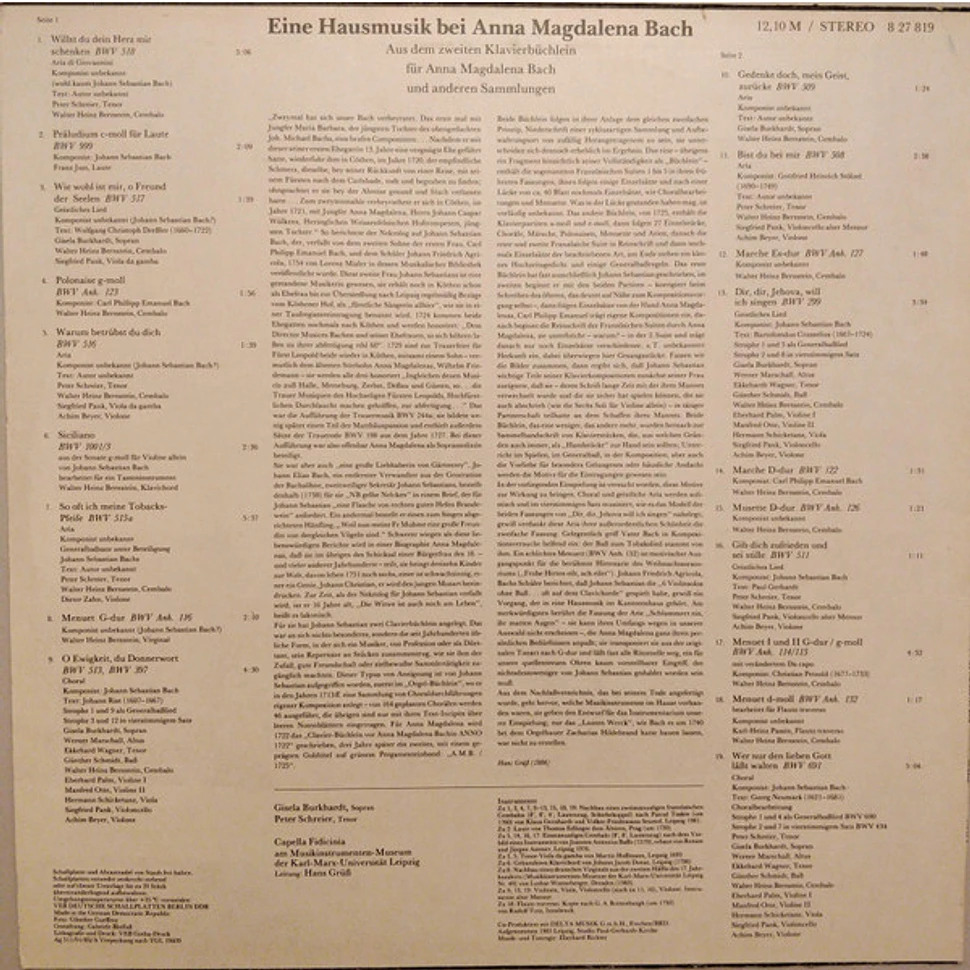 Gisela Burkhardt • Capella Fidicinia • Peter Schreier • Hans Grüß - Eine Hausmusik Bei Anna Magdalena Bach