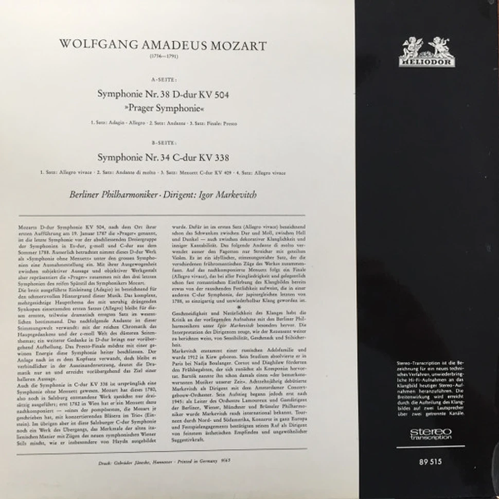 Wolfgang Amadeus Mozart, Igor Markevitch, Berliner Philharmoniker - Symphonie Nr. 38 D-Dur KV 504 - Symphonie Nr. 34 C-Dur KV 338