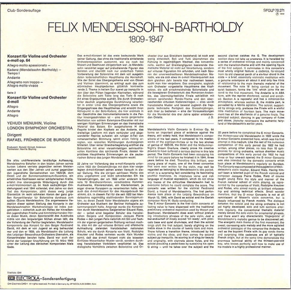 Felix Mendelssohn-Bartholdy, Yehudi Menuhin, London Symphony Orchestra, Rafael Frühbeck De Burgos - Konzert Für Violine Und orchester E-moll / Konzert Für Violine Und orchester D-moll