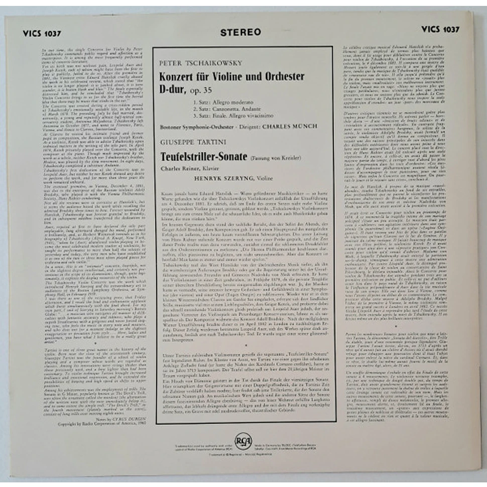 Pyotr Ilyich Tchaikovsky, Giuseppe Tartini / Charles Munch, Boston Symphony Orchestra, Henryk Szeryng - Violin Concerto In D - "Devil's Trill" Sonata
