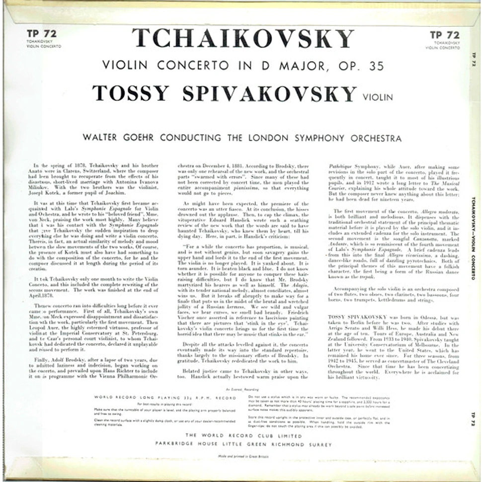 Pyotr Ilyich Tchaikovsky, Walter Goehr Conducting London Symphony Orchestra, Tossy Spivakovsky - Tchaikovsky Violin Concerto In D Major, Op. 35