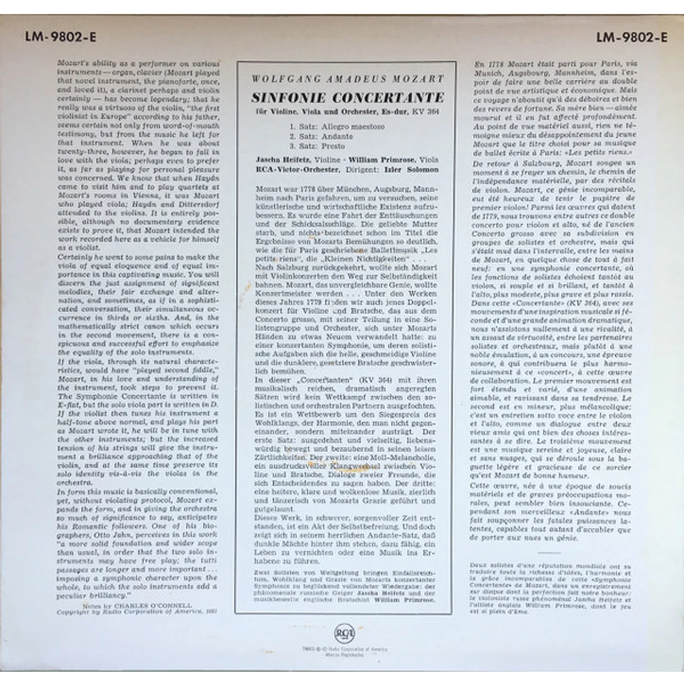 Wolfgang Amadeus Mozart, Jascha Heifetz, WIlliam Primrose - Symphonie Concertante In E-FLat, K.364