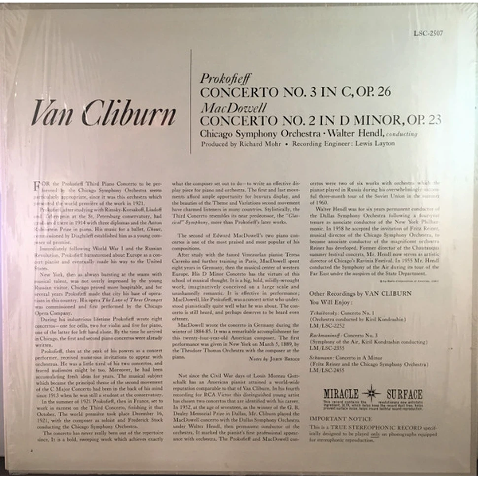 Van Cliburn, Chicago Symphony Orchestra, Walter Hendl, Sergei Prokofiev / Edward MacDowell - Prokofieff Concerto No. 3 / MacDowell Concerto No. 2