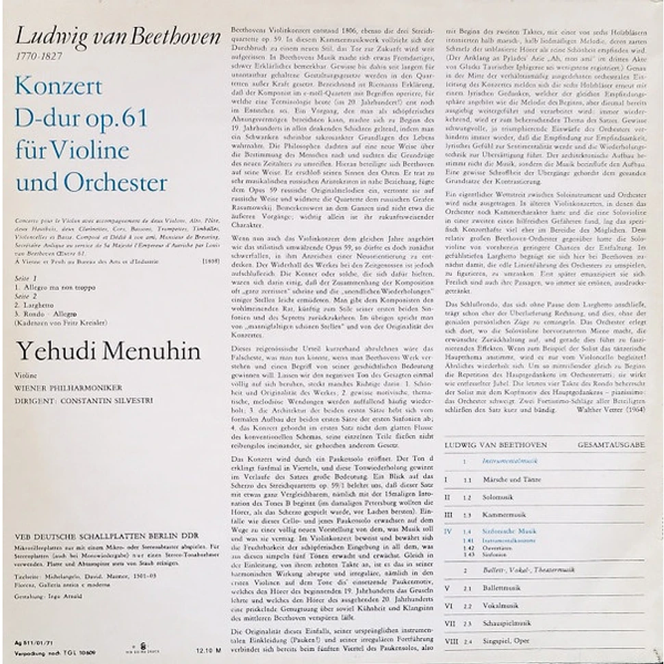 Ludwig van Beethoven - Yehudi Menuhin, Wiener Philharmoniker, Constantin Silvestri - Konzert Für Violine Und Orchester D-dur Op. 61