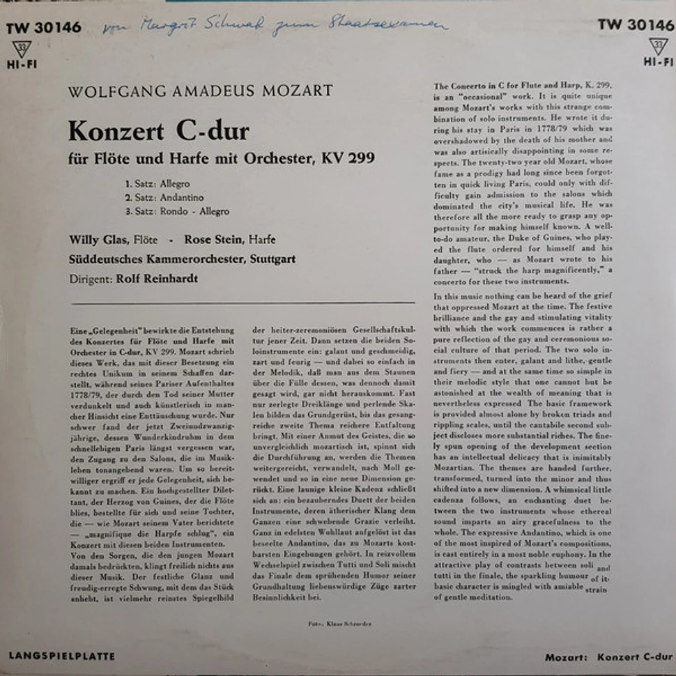 Wolfgang Amadeus Mozart - Willy Glas, Rose Stein, Süddeutsches Kammerorchester Stuttgart, Rolf Reinhardt - Konzert C-dur (Für Flöte Und Harfe Mit Orchester, KV 299)