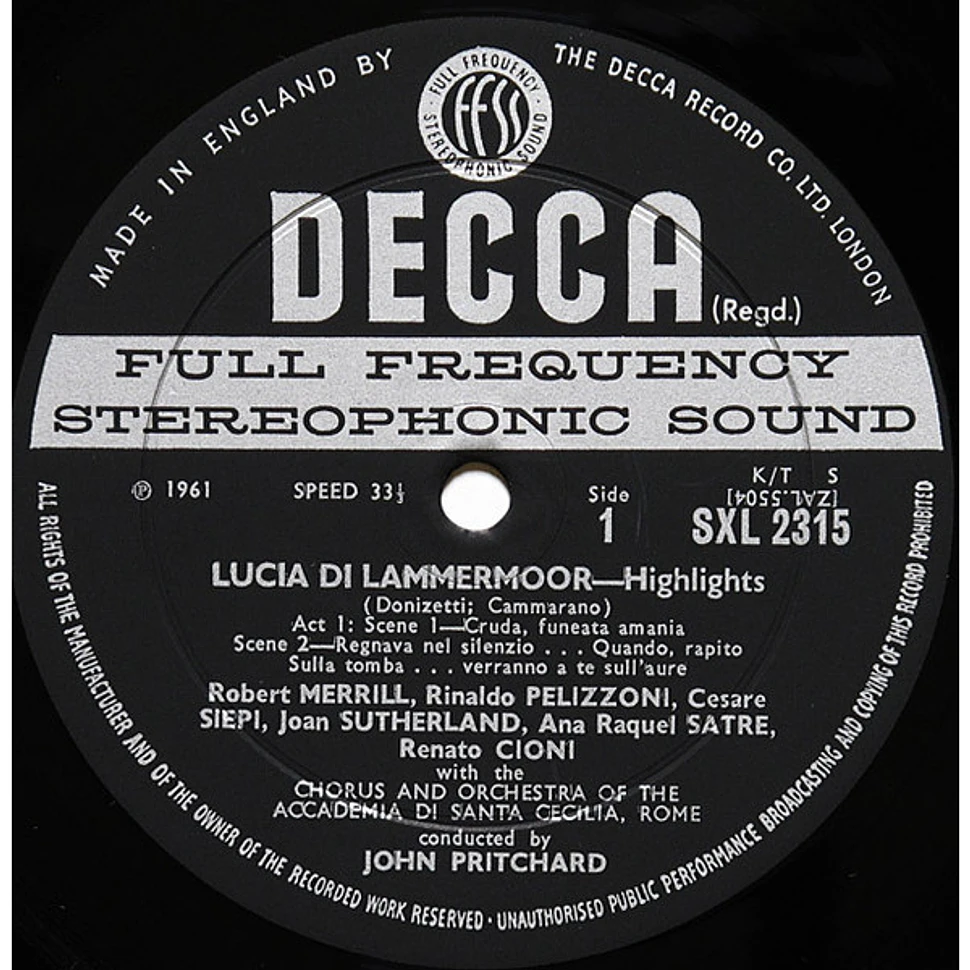 Joan Sutherland ∙ Renato Cioni ∙ Robert Merrill ∙ Cesare Siepi, John Pritchard, Coro dell'Accademia Nazionale di Santa Cecilia And Orchestra dell'Accademia Nazionale di Santa Cecilia - Lucia Di Lammermoor (Highlights)