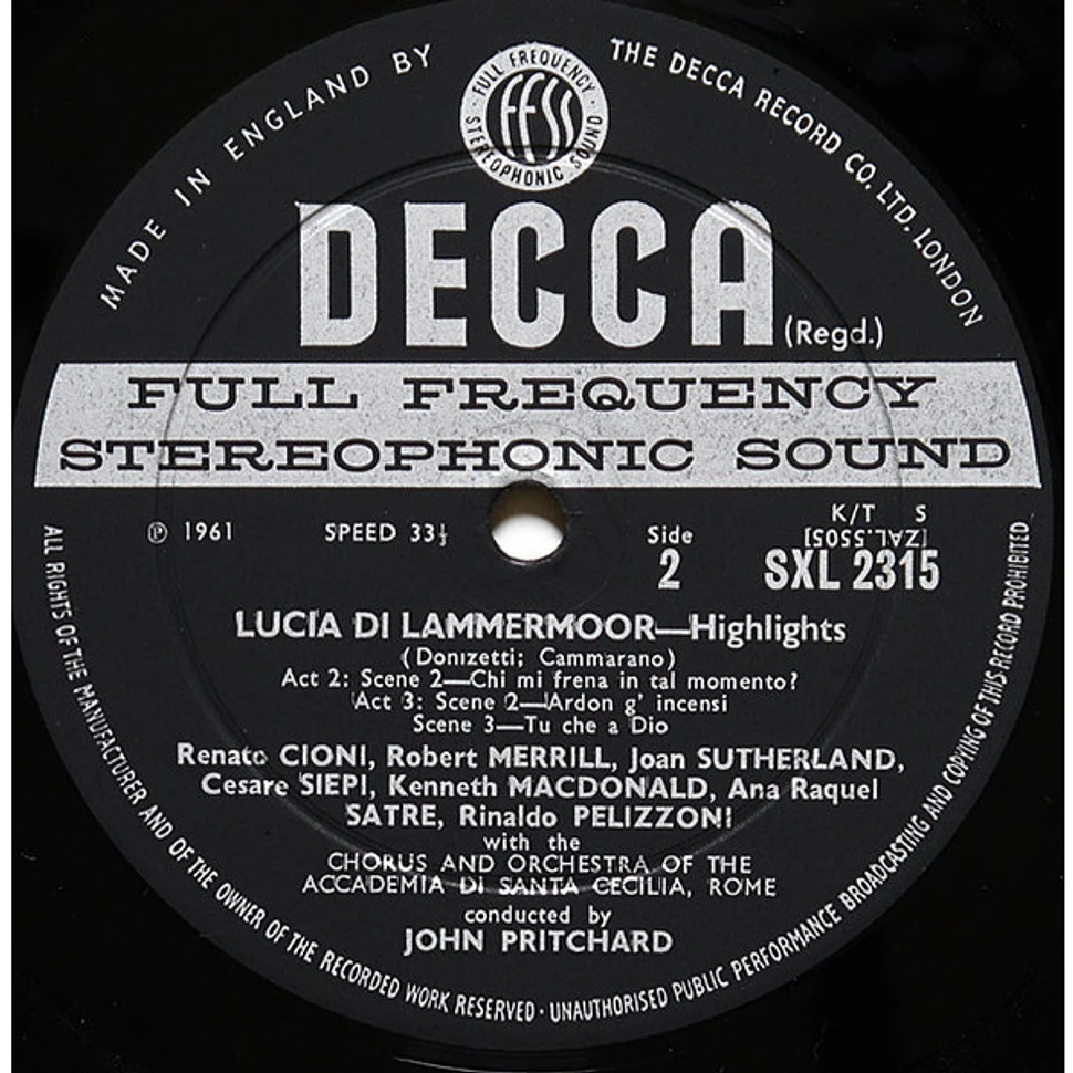 Joan Sutherland ∙ Renato Cioni ∙ Robert Merrill ∙ Cesare Siepi, John Pritchard, Coro dell'Accademia Nazionale di Santa Cecilia And Orchestra dell'Accademia Nazionale di Santa Cecilia - Lucia Di Lammermoor (Highlights)