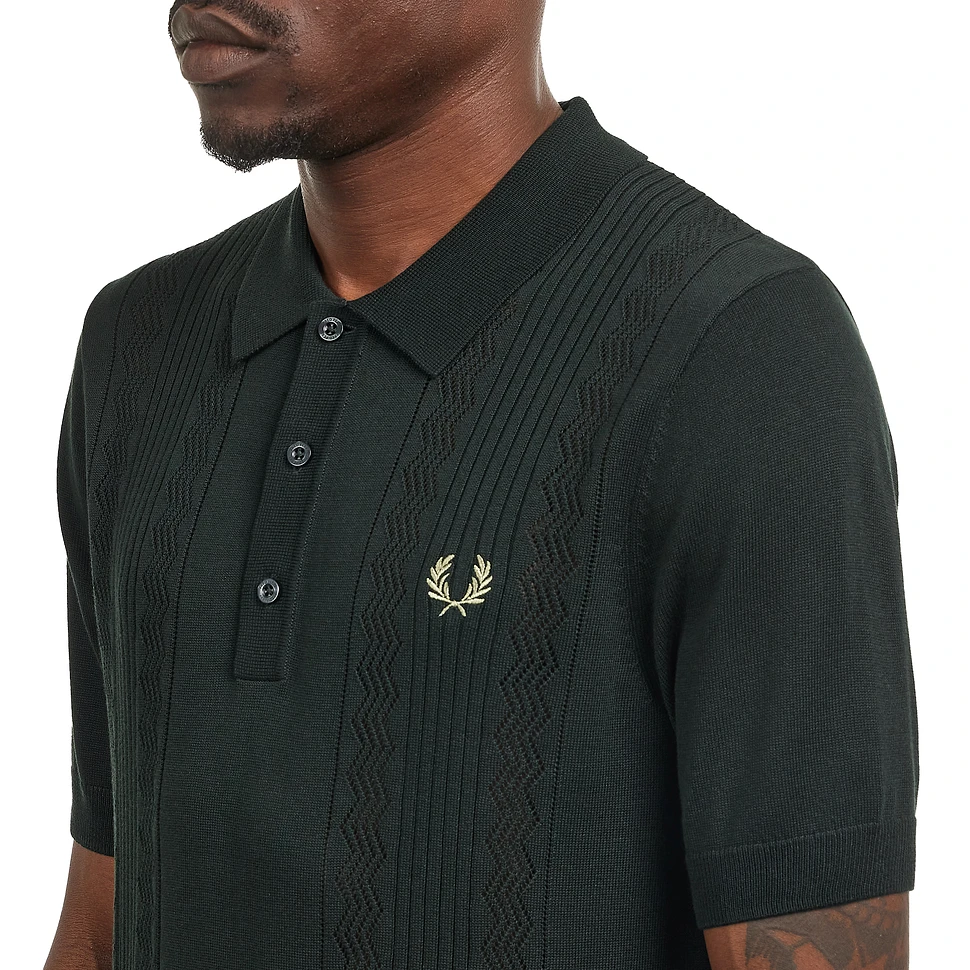 ■FRED PERRY■ Sharp Pointel Panel Knit Shirt Night Green AF Fred Perry Pointelle Panel Knitted Shirt Night Green