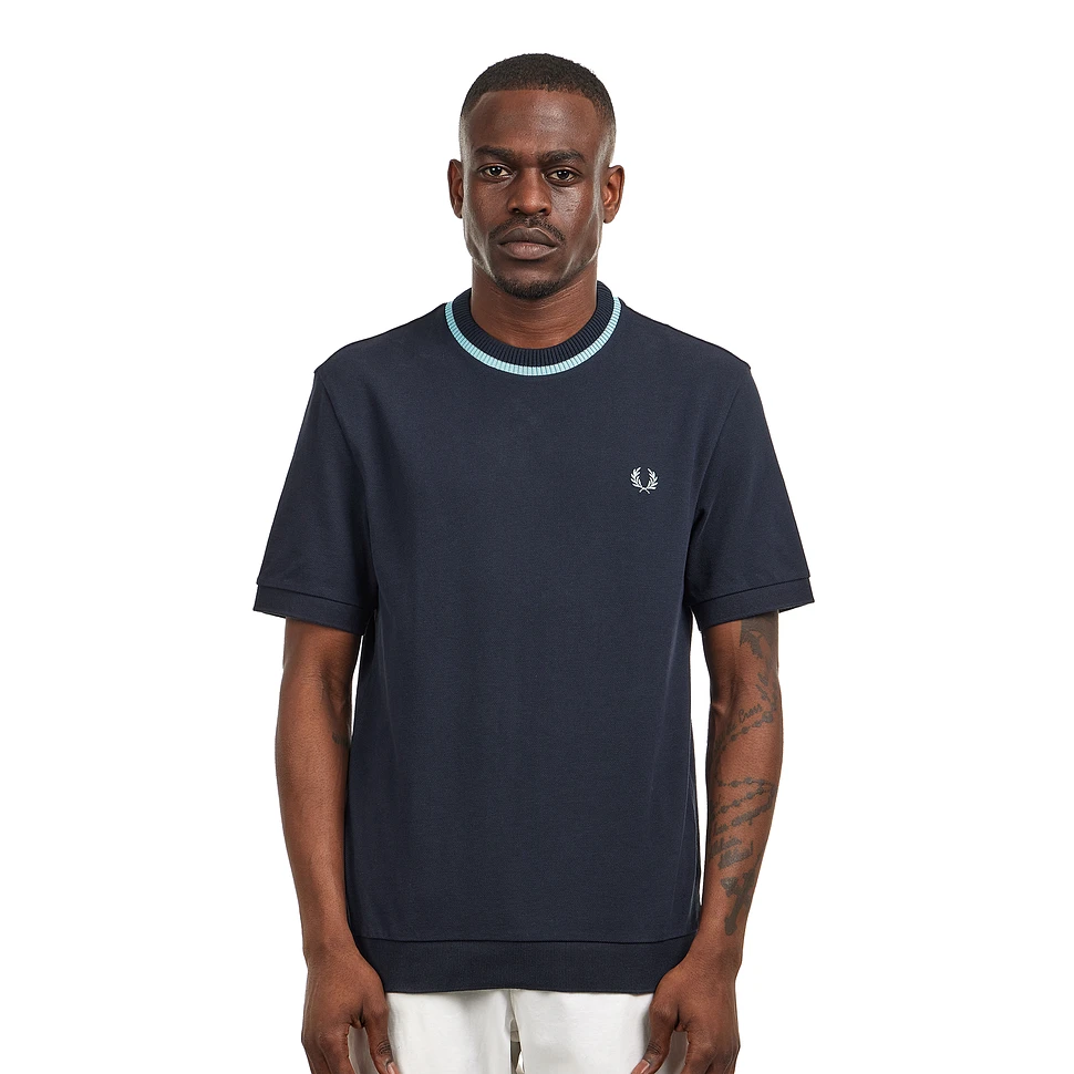 ■FRED PERRY■ Sharp Long Sleeve Crew Neck Pique T-Shirt Nav Fred Perry Taped Long Sleeve T-Shirt Navy W/Laurel Wreath