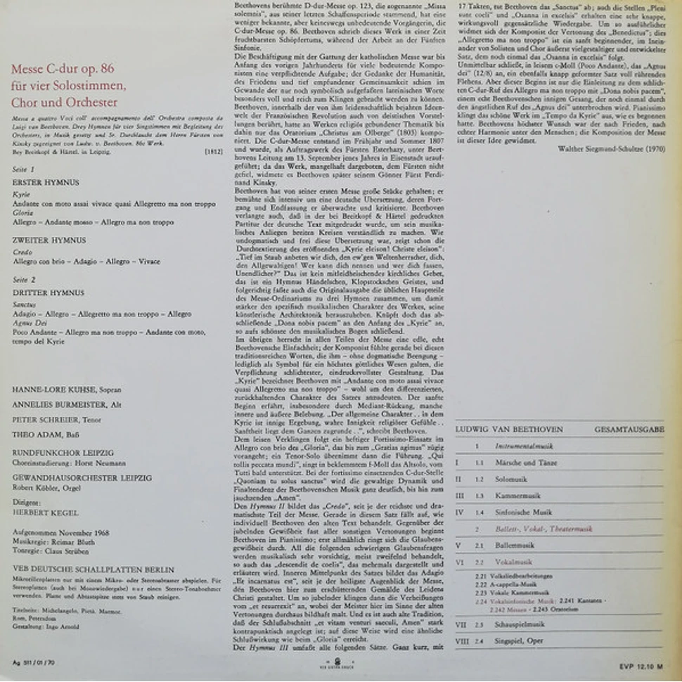 Ludwig van Beethoven, Hanne-Lore Kuhse, Annelies Burmeister, Peter Schreier, Theo Adam, Rundfunkchor Leipzig, Gewandhausorchester Leipzig, Herbert Kegel - Messe C-dur Op. 86