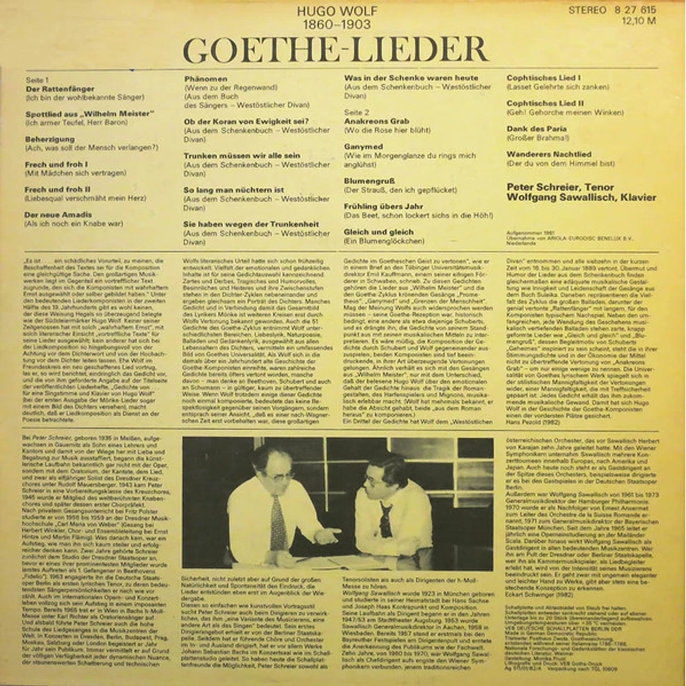 Hugo Wolf, Peter Schreier, Wolfgang Sawallisch - Goethe-Lieder