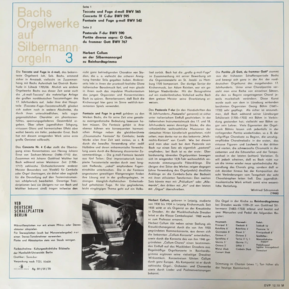 Johann Sebastian Bach, Herbert Collum - Herbert Collum An Der Silbermannorgel Zu Reinhardtsgrimma (Toccata Und Fuge D-moll BWV 565 / Concerto IV C-dur BWV 595 / Fantasie Und Fuge G-moll BWV 542 / Pastorale F-dur BWV 590 / Partite Diverse Sopra: O Gott, Du Frommer Gott BWV 767)