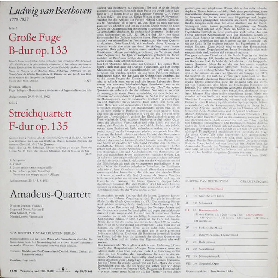 Ludwig van Beethoven, Amadeus-Quartett - Große Fuge B-dur Op. 133, Streichquartett F-dur Op. 135