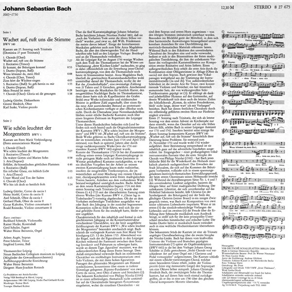 Johann Sebastian Bach - Arleen Auger, Peter Schreier, Siegfried Lorenz, Thomanerchor, Neues Bachisches Collegium Musicum Leipzig, Hans-Joachim Rotzsch - Wachet Auf, Ruft Uns Die Stimme BWV 140 - Wie Schön Leuchtet Der Morgenstern BWV 1