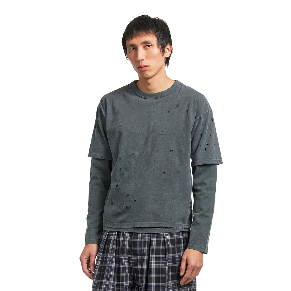Beams - Layered Damage Long Sleeve T-Shirt (Black / Black) | HHV